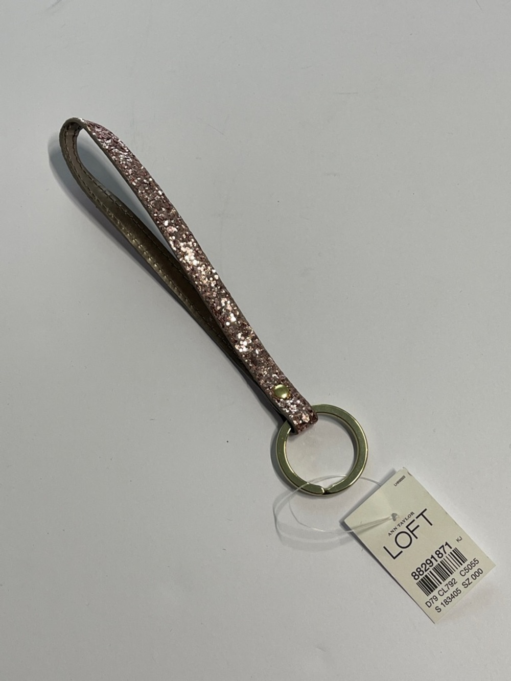 NWT Loft champagne pink glitter wristlet keychain with gold tone ring